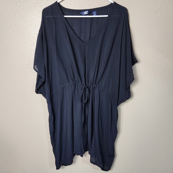 Lands End Petite |L| Black Sheer Oversized SS Gathered Waist Swim Cover-up Dress - Picture 1 of 7